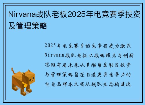 Nirvana战队老板2025年电竞赛季投资及管理策略